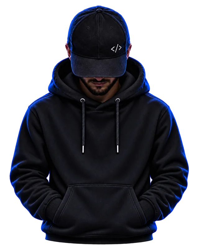 Ehtisham Haider wearing a black hoodie and developer cap